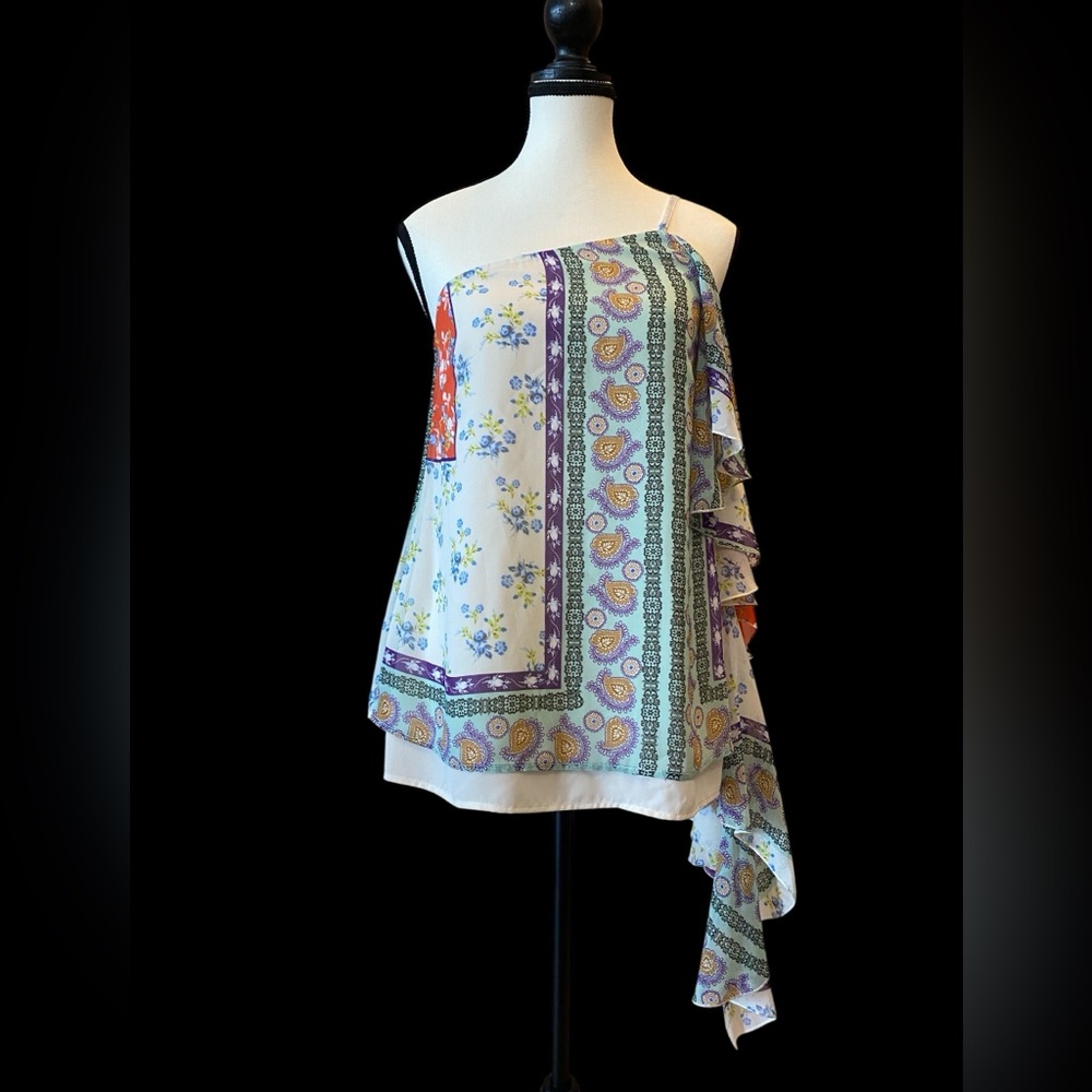 Denny Rose Asymmetrical Sleeveless Ruffled Blouse EUC SMALL 🇮🇹